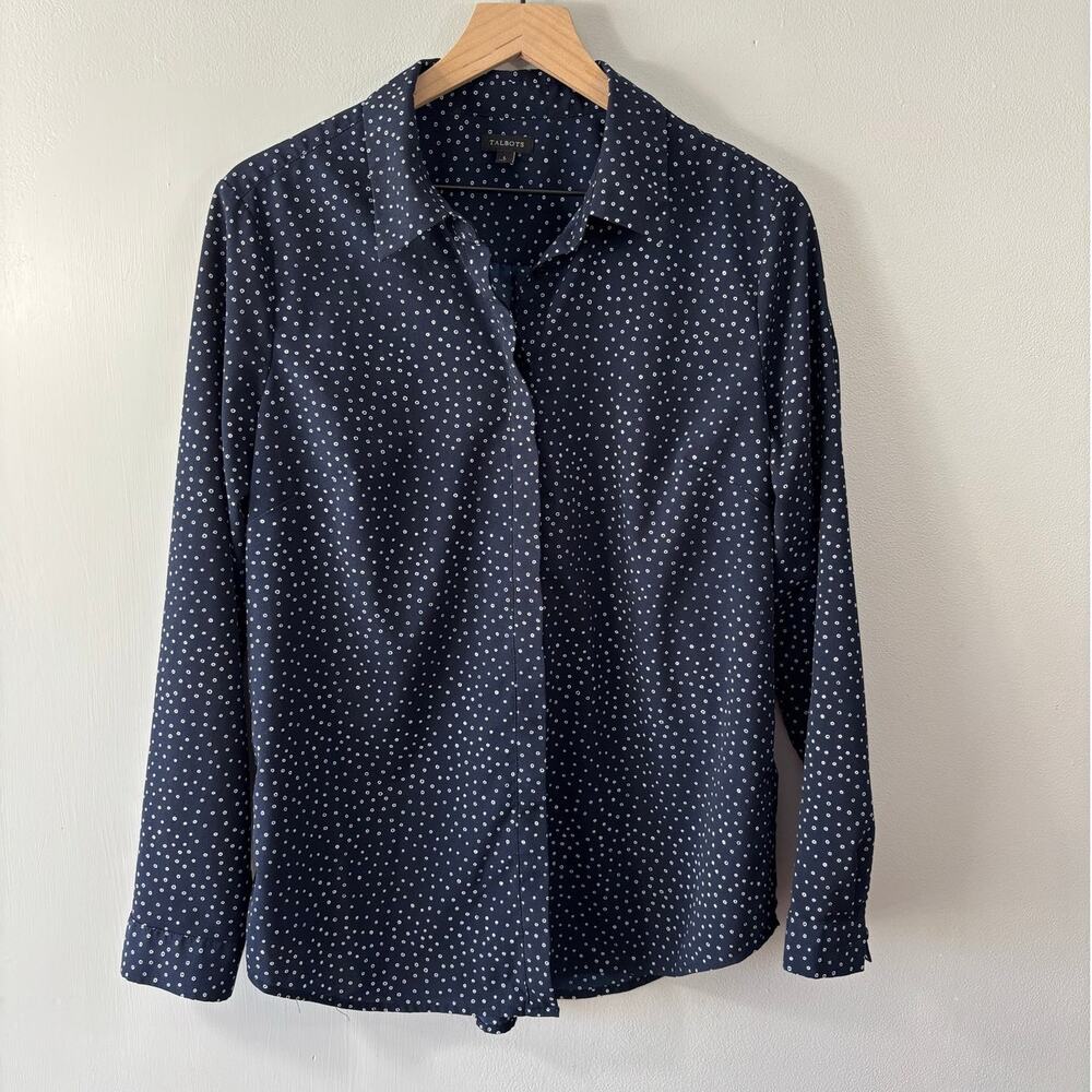 Talbots Soft Button Up Navy Polka Dot Shirt Blouse Size Large